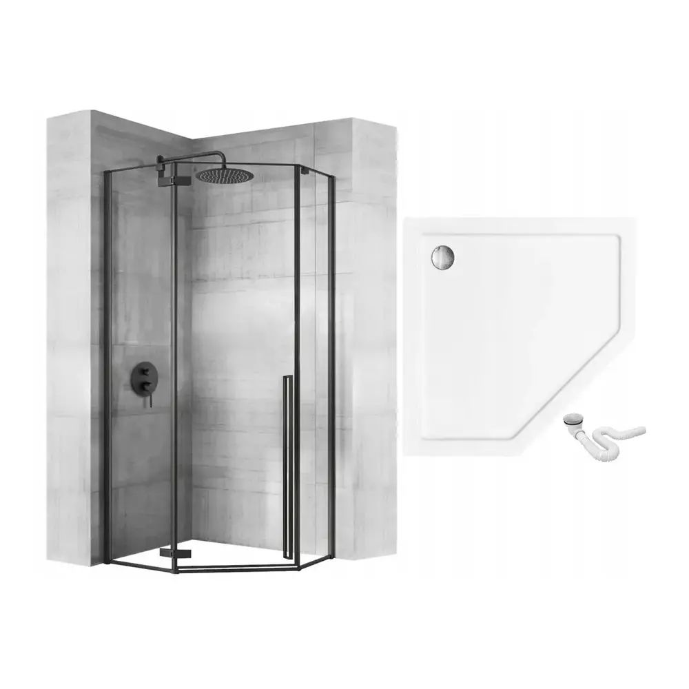 Cabina dus cu cadita pentagonala Rea Diamond negru cu usa batanta 90x90 alb
