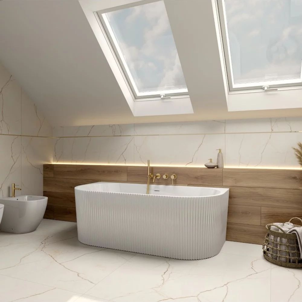 Cada freestanding Rune Birka riflat acril alb lucios 170x80 cm lipita de perete, BTW