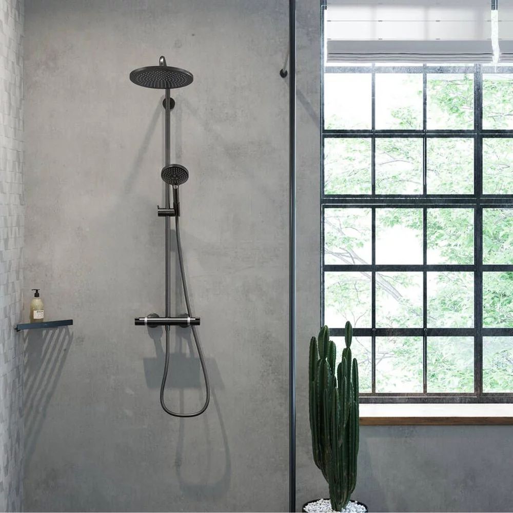Coloana de dus cu baterie termostatata Hansgrohe Croma Select S para cu 3 functii finisaj negru-crom periat