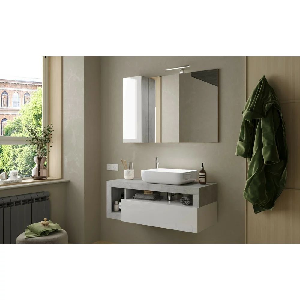 Dulap cu oglinda suspendat LC Mobili Italia Hamburg cu iluminare LED 110 cm finisaj alb/beton