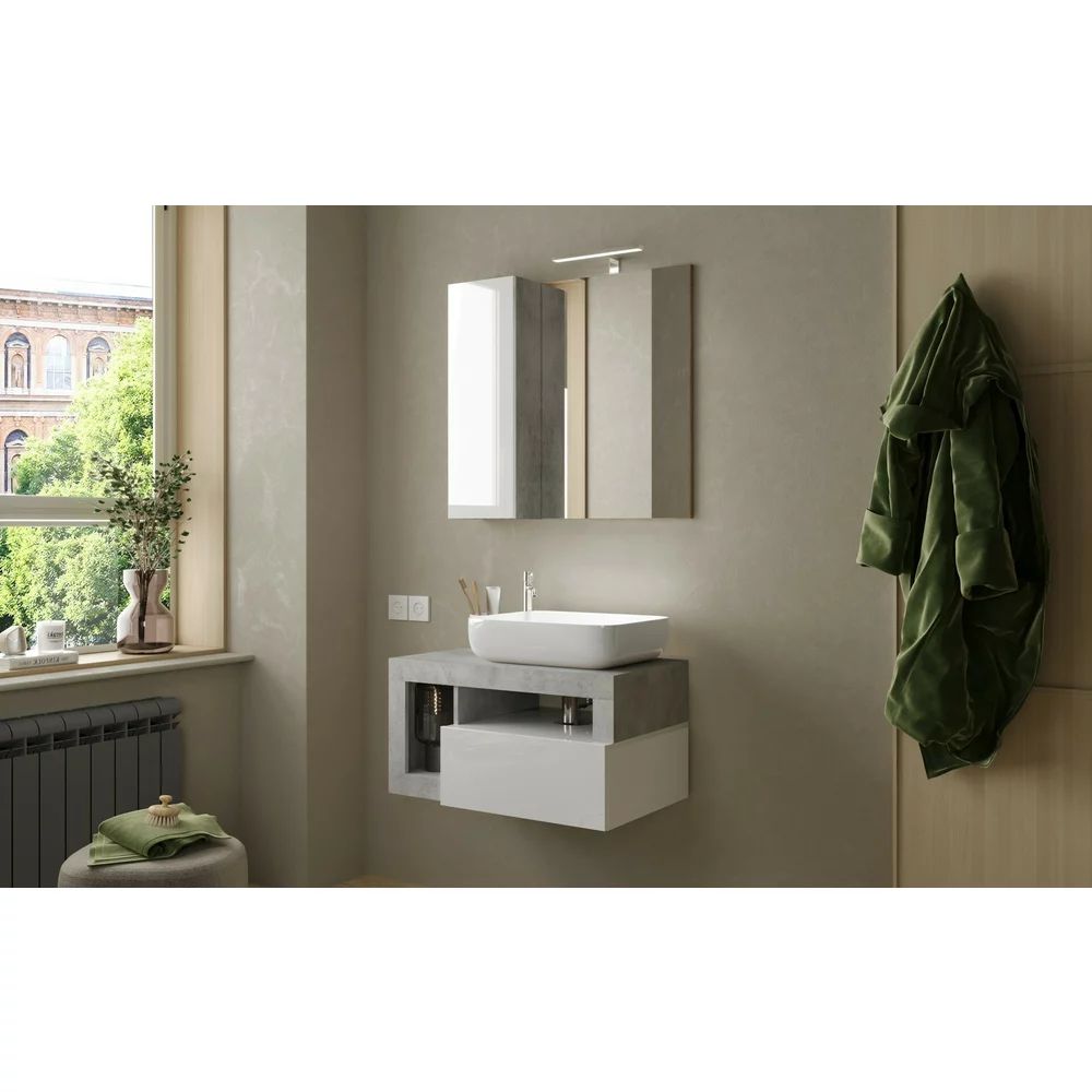 Dulap cu oglinda suspendat LC Mobili Italia Hamburg cu iluminare LED 78 cm finisaj alb/beton