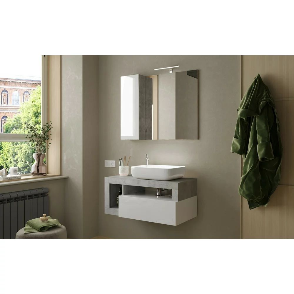 Dulap cu oglinda suspendat LC Mobili Italia Hamburg cu iluminare LED 92 cm finisaj alb/beton