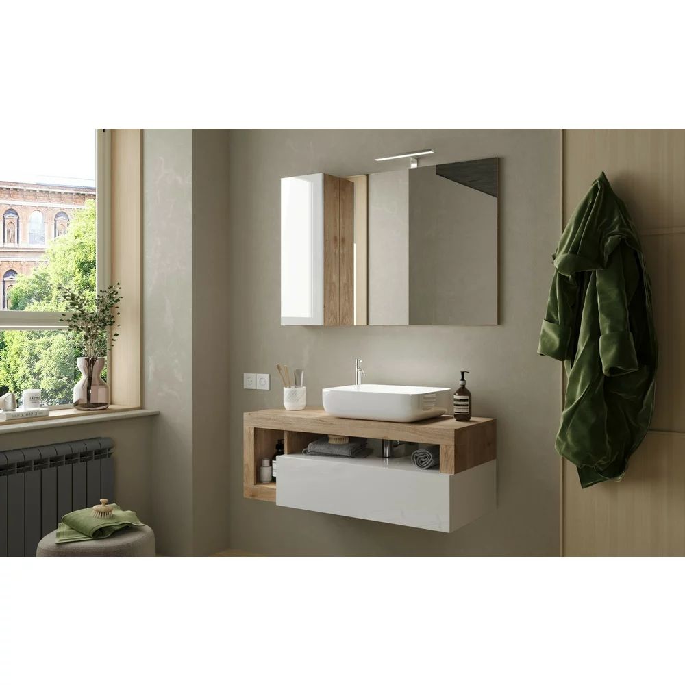 Dulap cu oglinda suspendat LC Mobili Italia Hamburg cu iluminare LED 110 cm finisaj alb/lemn