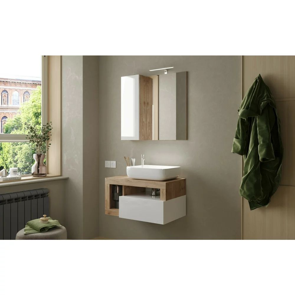 Dulap cu oglinda suspendat LC Mobili Italia Hamburg cu iluminare LED 78 cm finisaj alb/lemn
