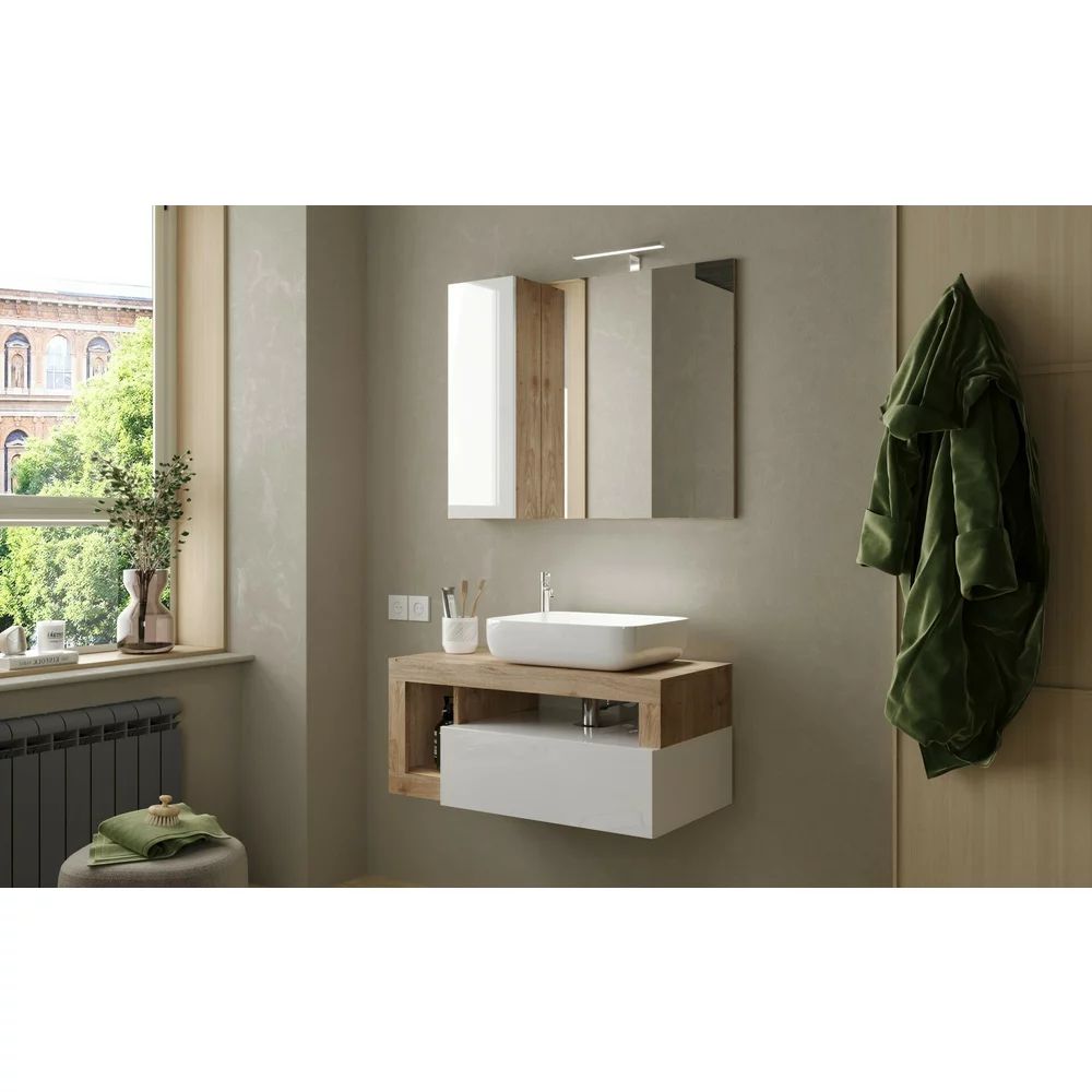 Dulap cu oglinda suspendat LC Mobili Italia Hamburg cu iluminare LED 92 cm finisaj alb/lemn