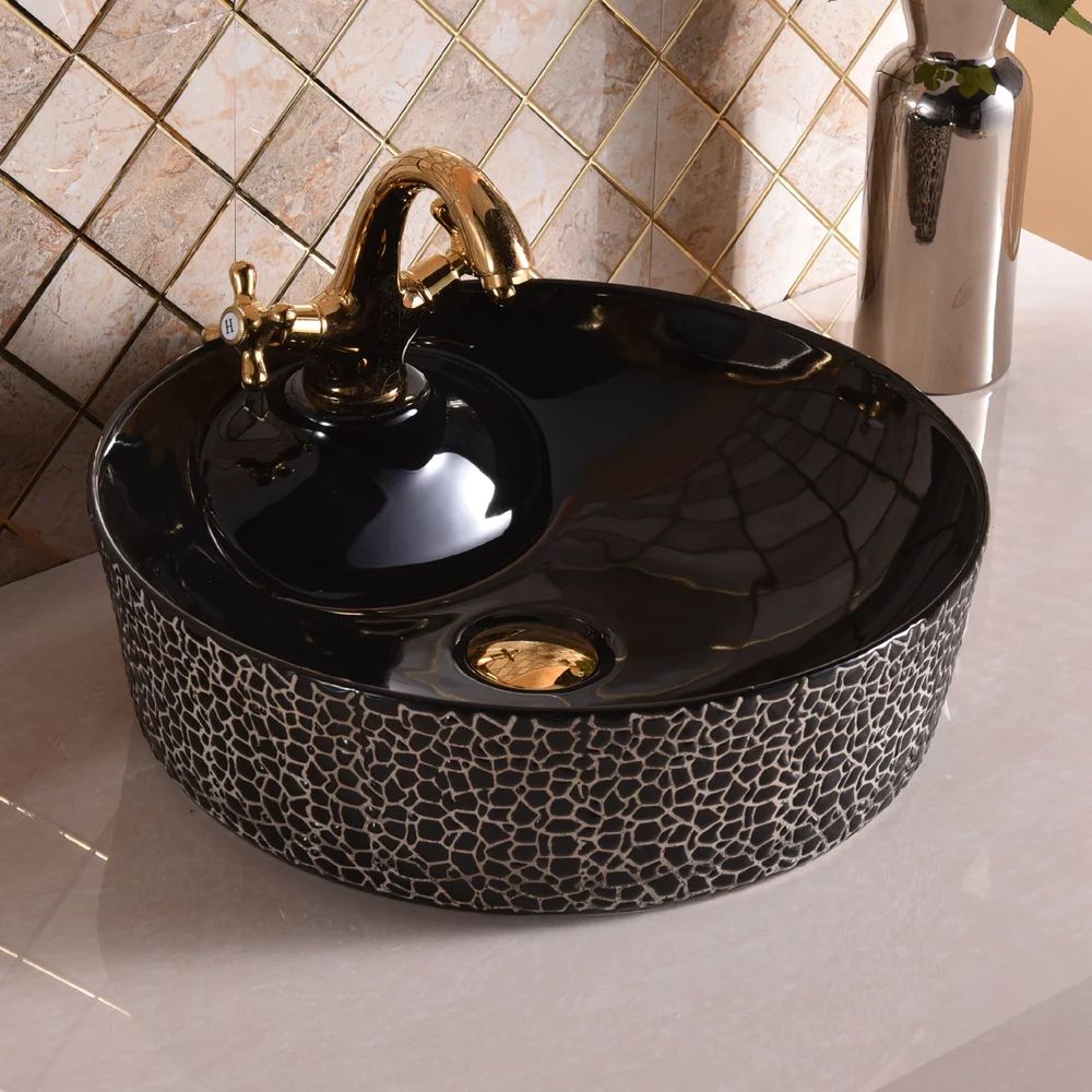 Lavoar pe blat Inter Ceramic Art rotund negru-alb lucios 43 cm