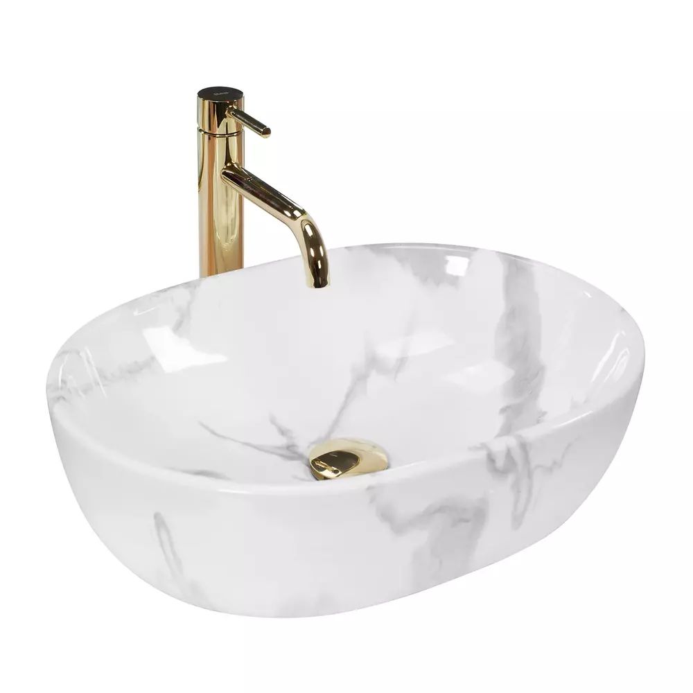 Lavoar pe blat Rea Amelia oval finisaj alb marmura lucios 48 cm