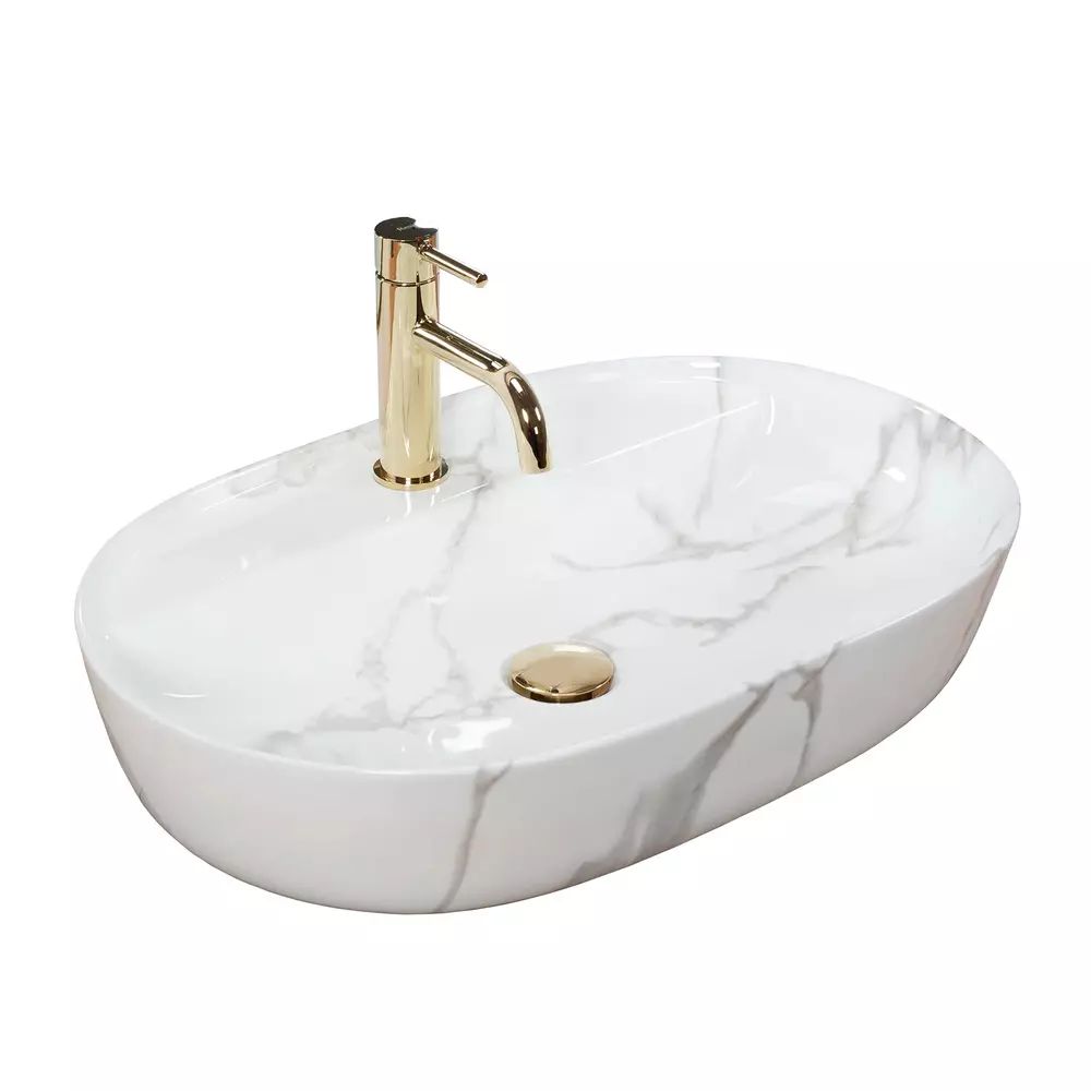 Lavoar pe blat Rea Aura oval finisaj alb marmura lucios 61 cm