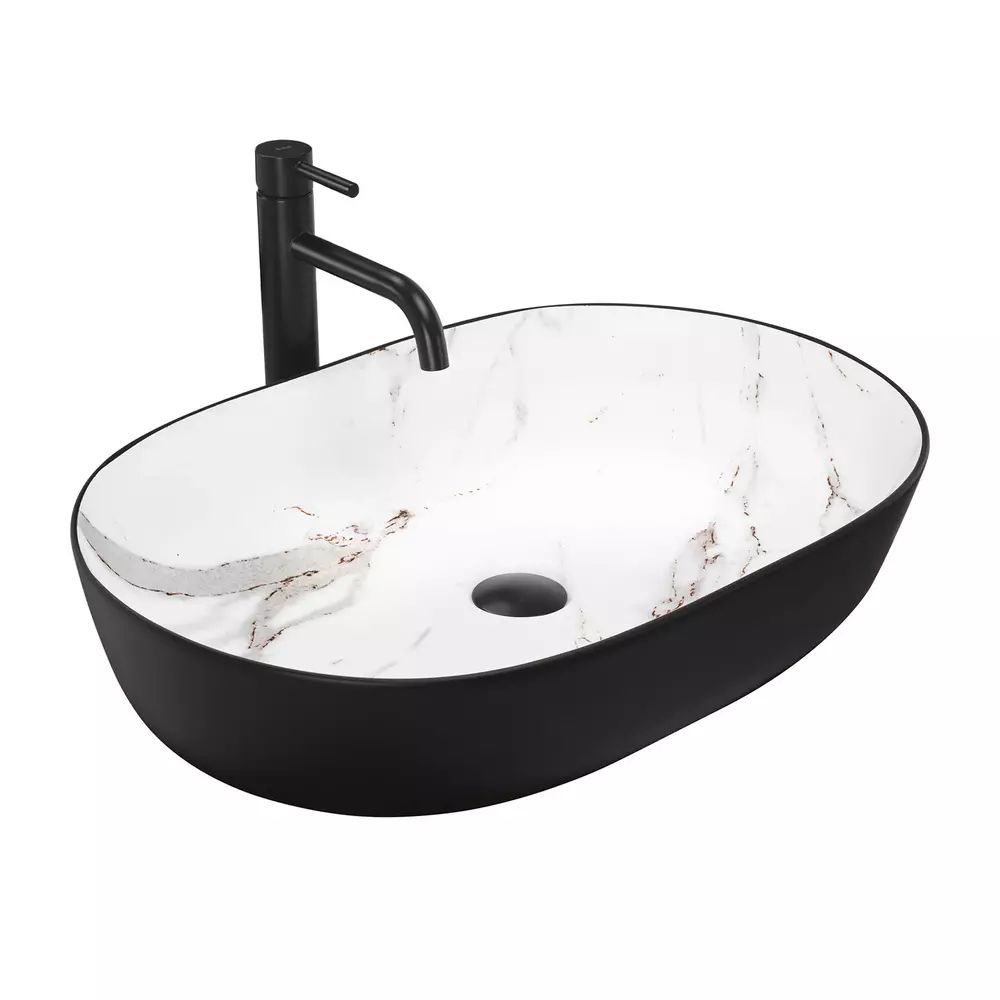 Lavoar pe blat Rea Cleo Aiax oval finisaj alb piatra - negru mat 60 cm