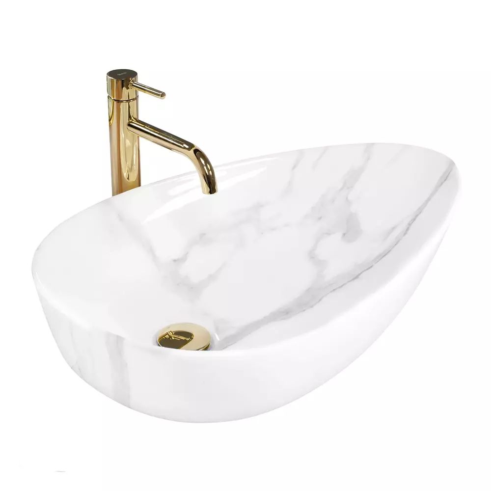 Lavoar pe blat Rea Greta Bianco asimetric finisaj alb piatra lucios 65 cm
