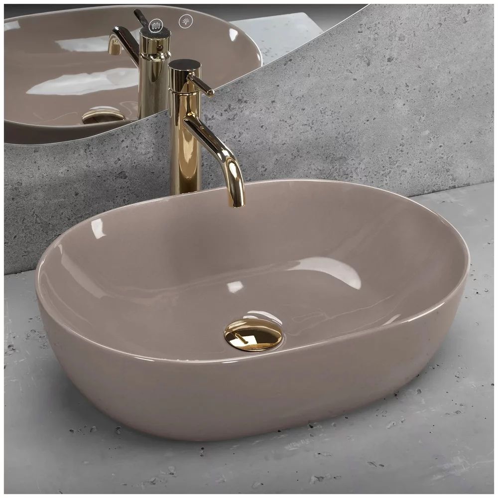 Lavoar pe blat Rea Lisa oval 49 cm bej lucios