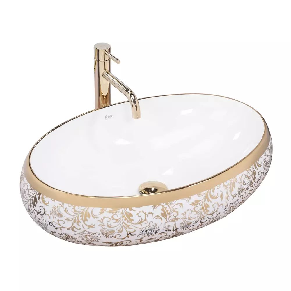 Lavoar pe blat Rea Melania Meryl oval finisaj alb - auriu 60 cm