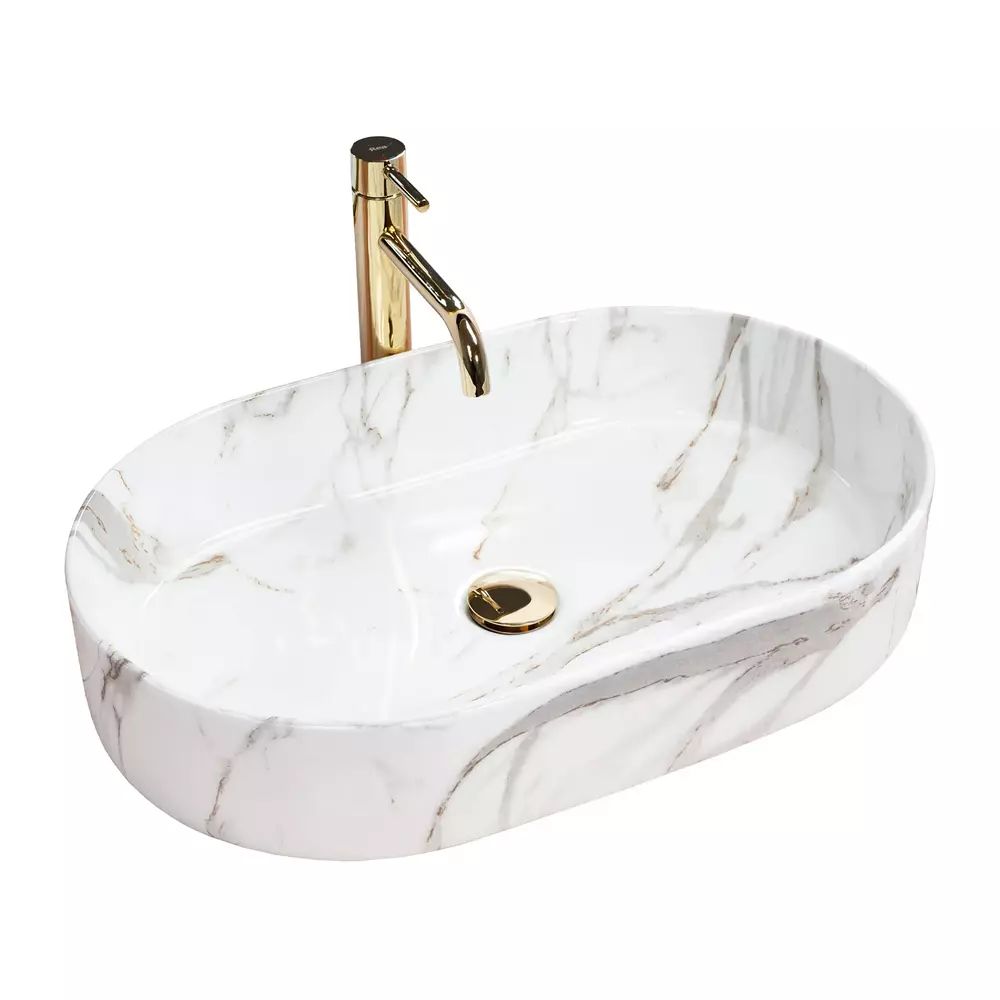 Lavoar pe blat Rea Nadia Aiax oval finisaj alb piatra lucios 61 cm