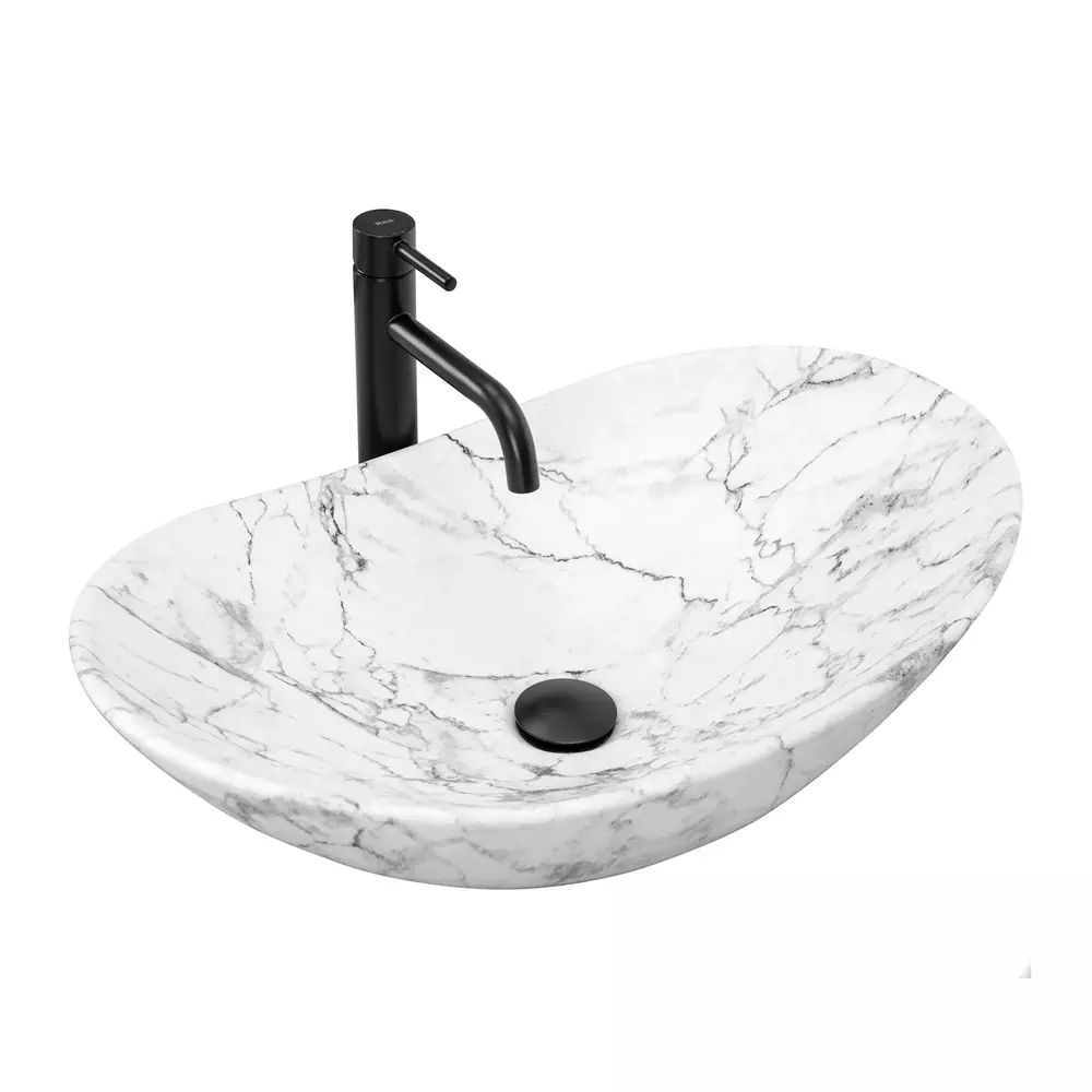 Lavoar pe blat Rea Royal oval finisaj marmura alb mat 60 cm