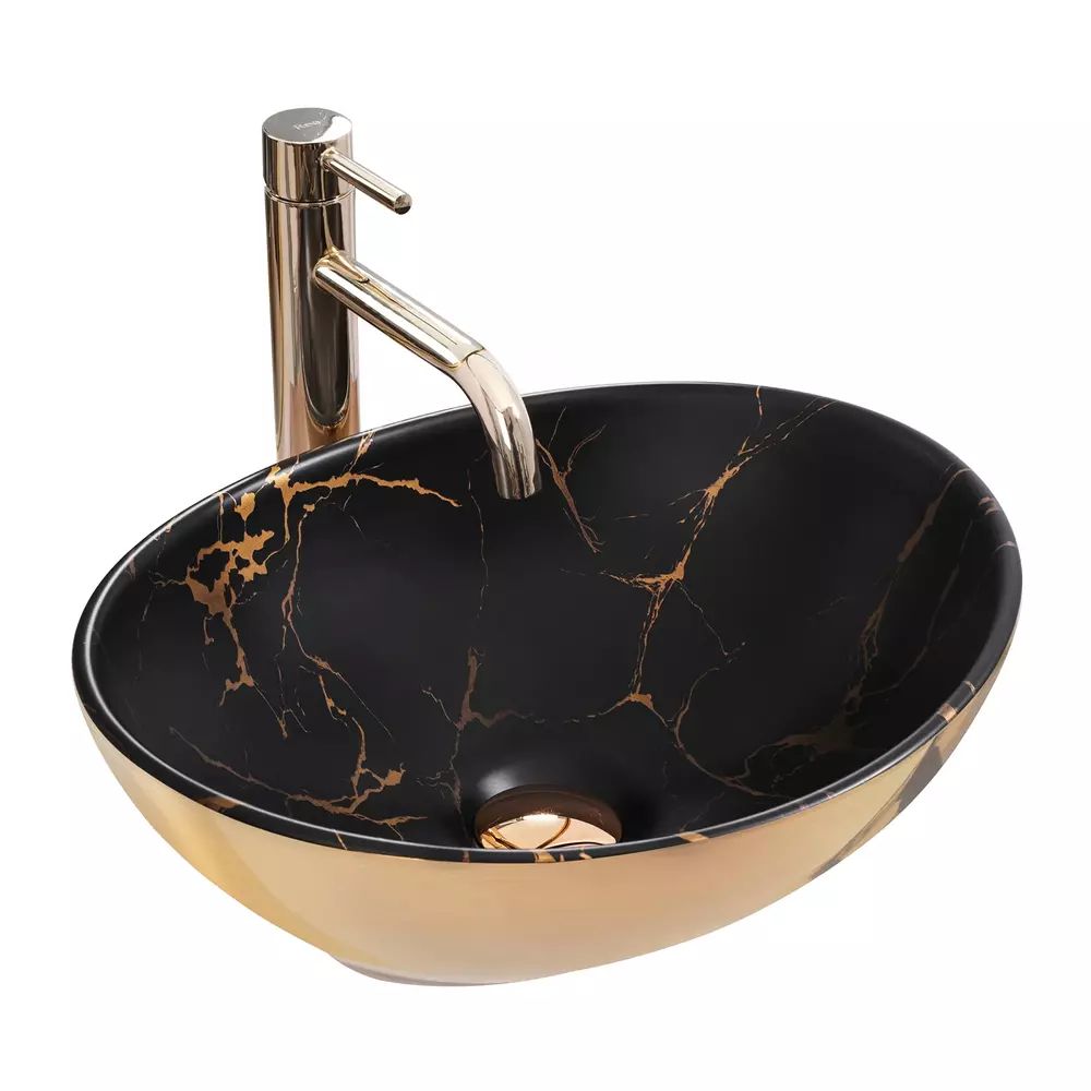 Lavoar pe blat Rea Sofia oval finisaj negru marmura - auriu lucios 41 cm