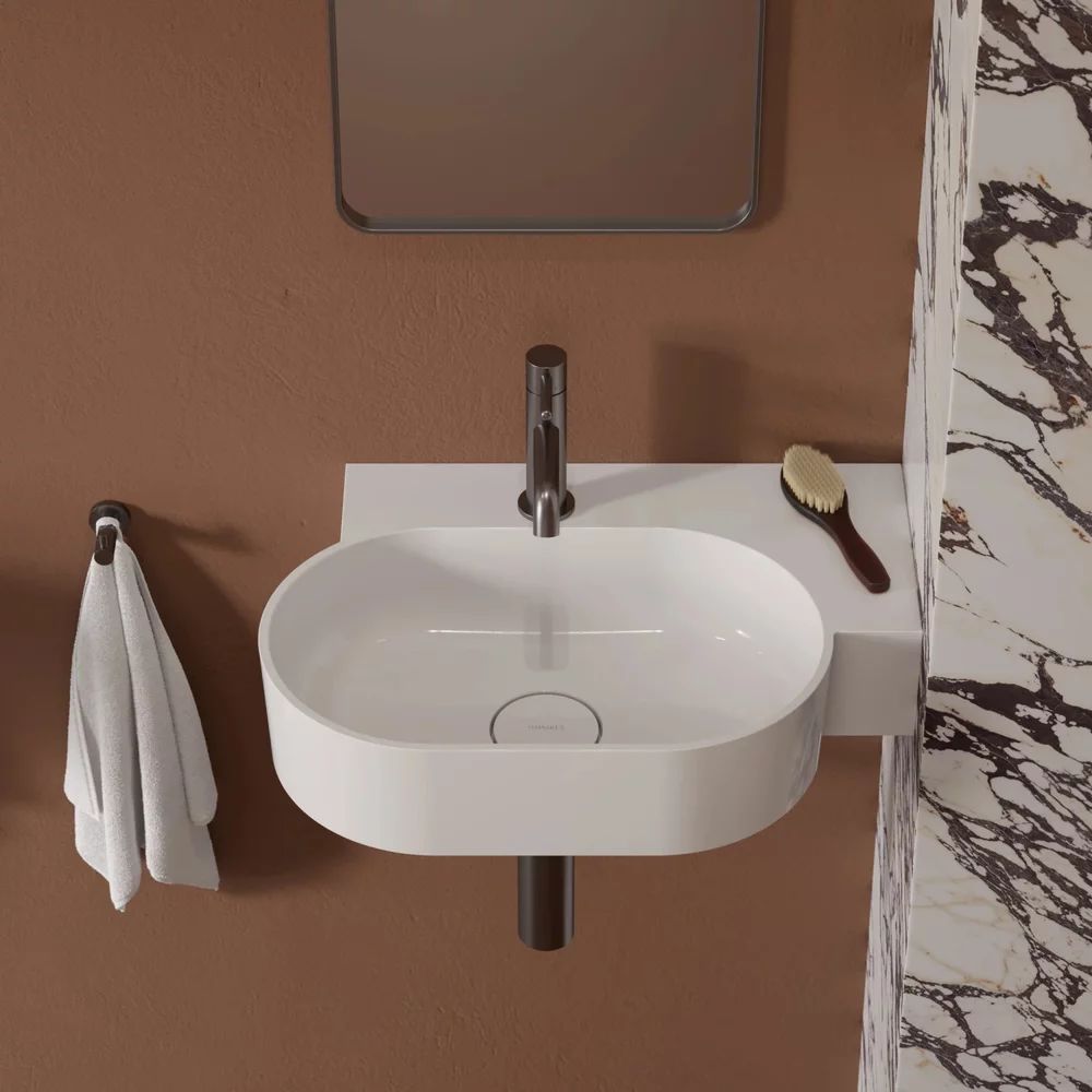 Lavoar suspendat Omnires Ovo M+ finisaj alb lucios 55.5 cm dreapta