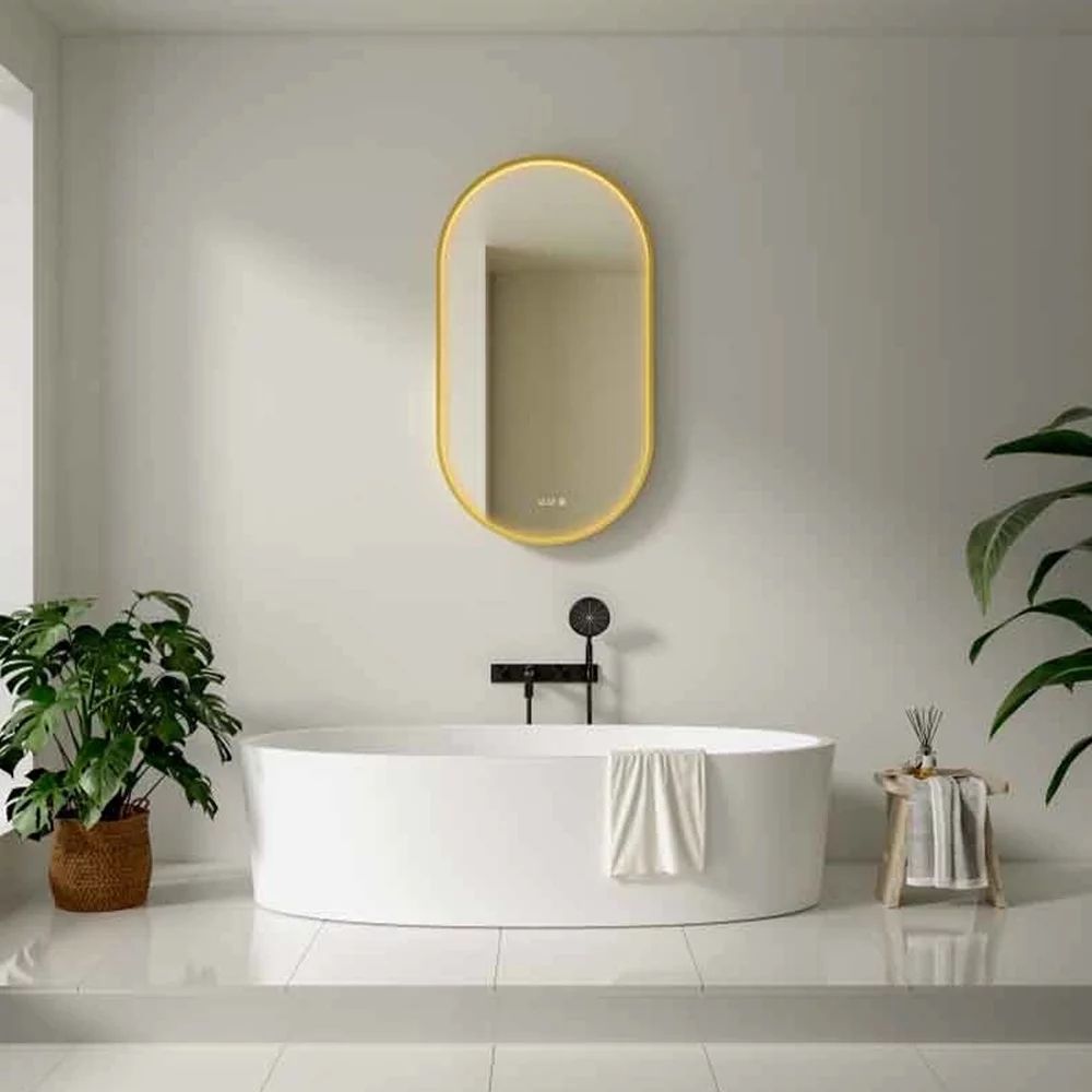 Oglinda cu iluminare si dezaburire Fluminia Canaria cu afisare ora 50x90 cm finisaj auriu lucios