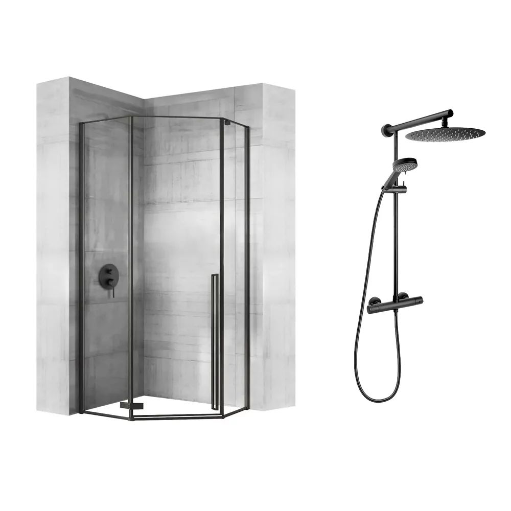 Pachet cabina de dus Rea Diamond negru 90x90 si coloana de dus FDesign Anima Quadro negru