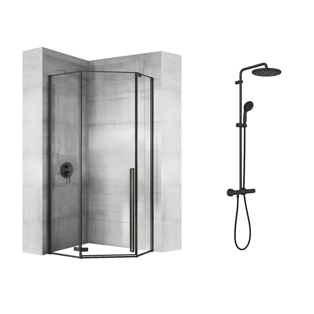 Pachet cabina de dus Rea Diamond negru 90x90 si coloana de dus Grohe Vitalio Start negru