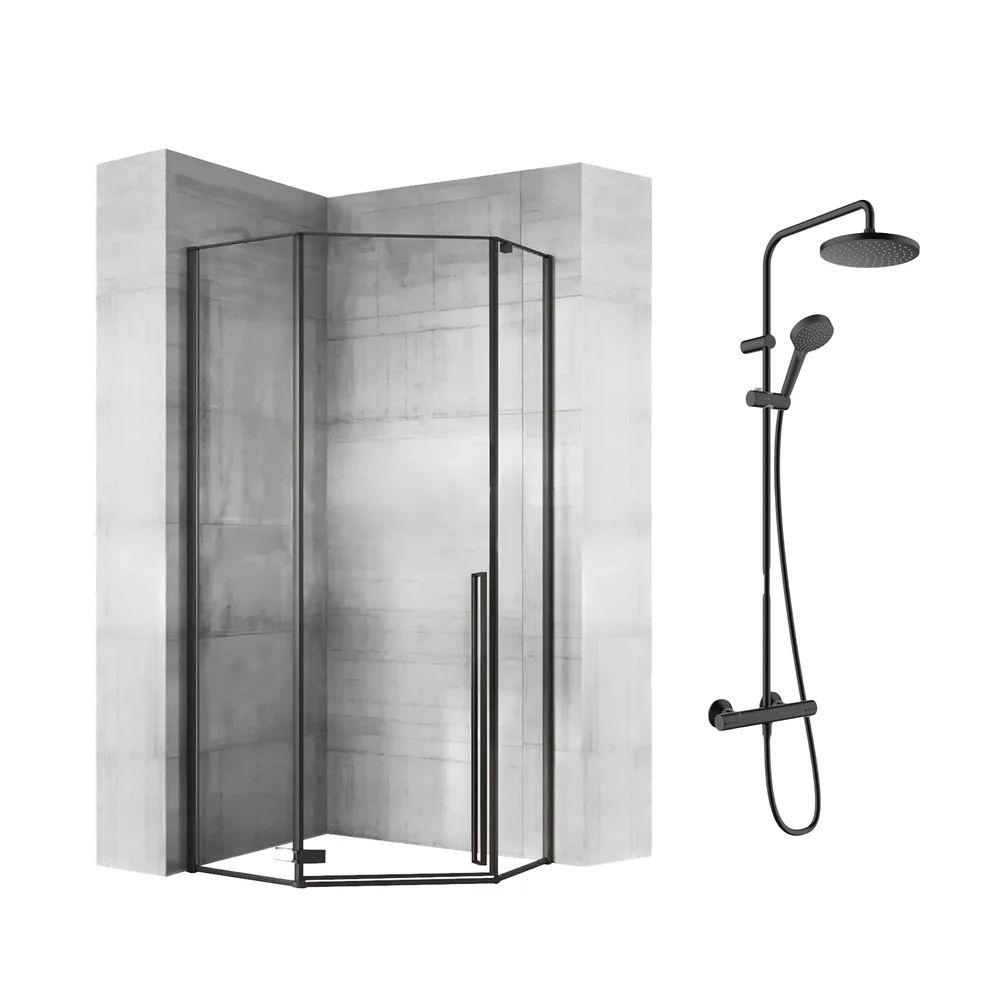 Pachet cabina de dus Rea Diamond negru 90x90 si coloana de dus Hansgrohe Vernis Blend negru