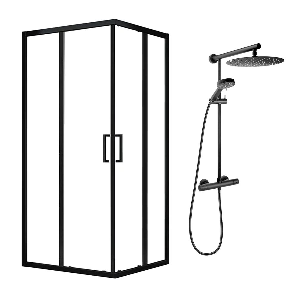 Pachet cabina de dus Fluminia Hector negru 90x90 cm si coloana de dus FDesign Anima Quadro negru