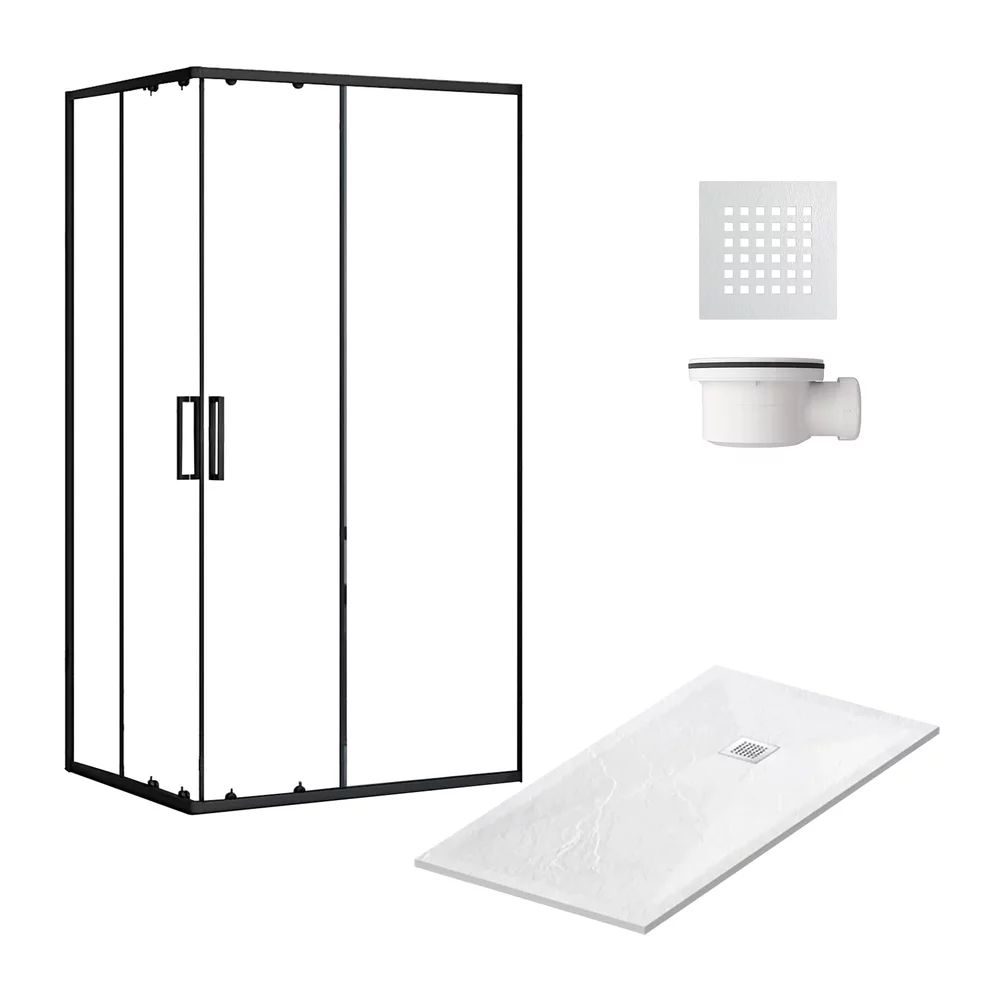 Pachet cabina de dus negru Balneo 80x100 cm, cadita pentru dus Balneo alb, sifon cadita alb si capac cadita