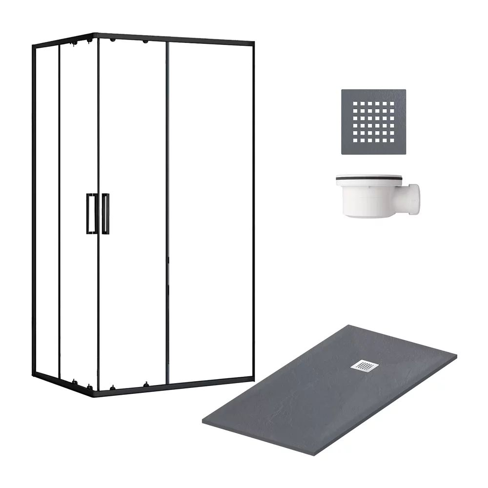 Pachet cabina de dus negru Balneo 80x100 cm, cadita pentru dus Balneo gri, sifon cadita si capac cadita gri