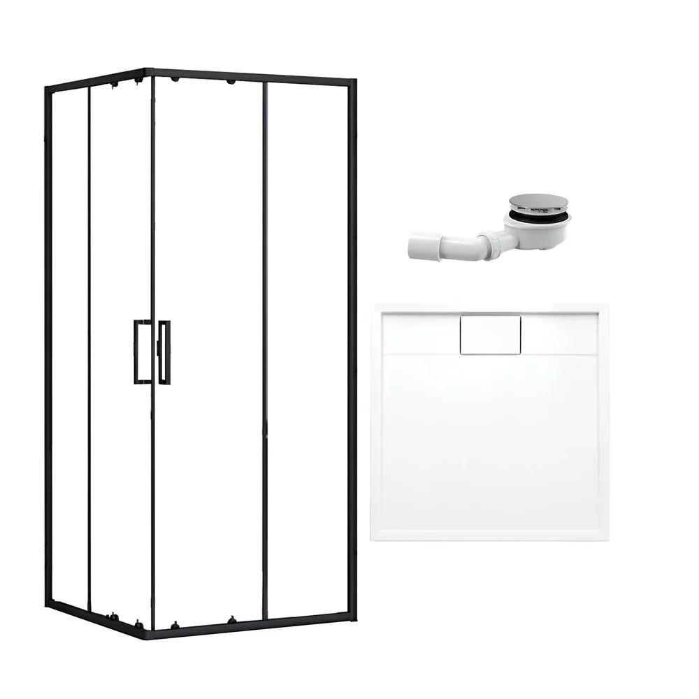 Pachet cabina de dus negru mat Rea Punto 90x90 cm, cadita pentru dus Omnires Brooklyn si set sifon cadita