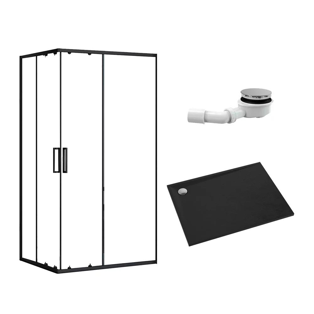Pachet cabina de dus negru Rea punto 80x100 cm, cadita pentru dus Omnires Stone negru si set sifon cadita