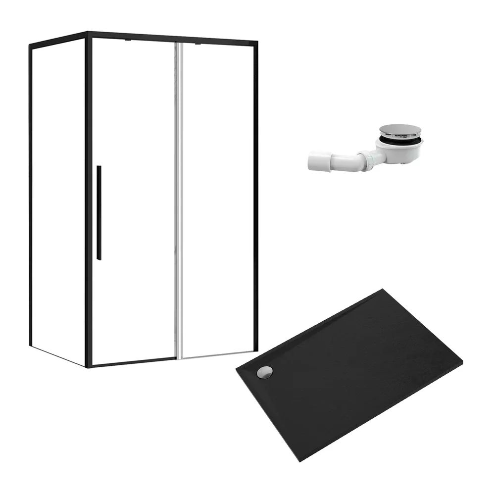 Pachet cabina de dus negru Rea Solar 90x120 cm, cadita pentru dus Omnires Stone negru si sifon cadita negru