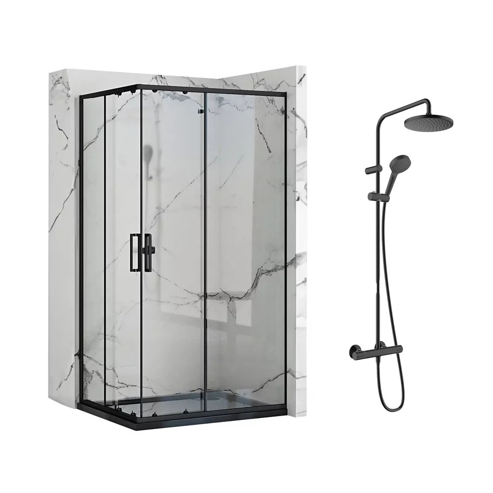 Pachet cabina de dus Rea Punto negru 80x100 cm si coloana de dus Hansgrohe Vernis Blend negru