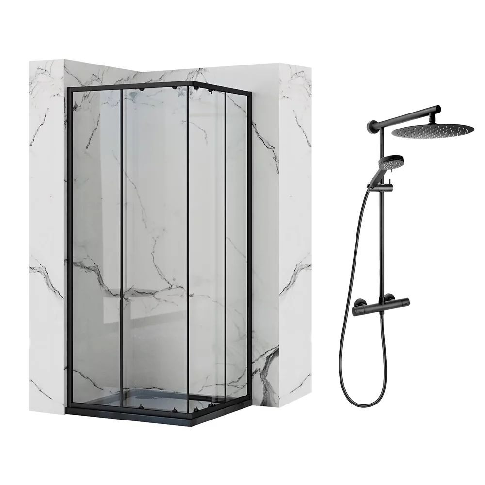 Pachet cabina de dus Rea Punto negru 90x90 cm si coloana de dus FDesign Anima Quadro negru