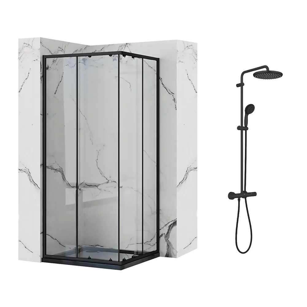 Pachet cabina de dus Rea Punto negru 90x90 cm si coloana de dus Grohe Vitalio Start negru