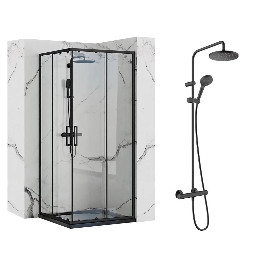Pachet cabina de dus Rea Punto negru 90x90 cm si coloana de dus Hansgrohe Vernis Blend negru
