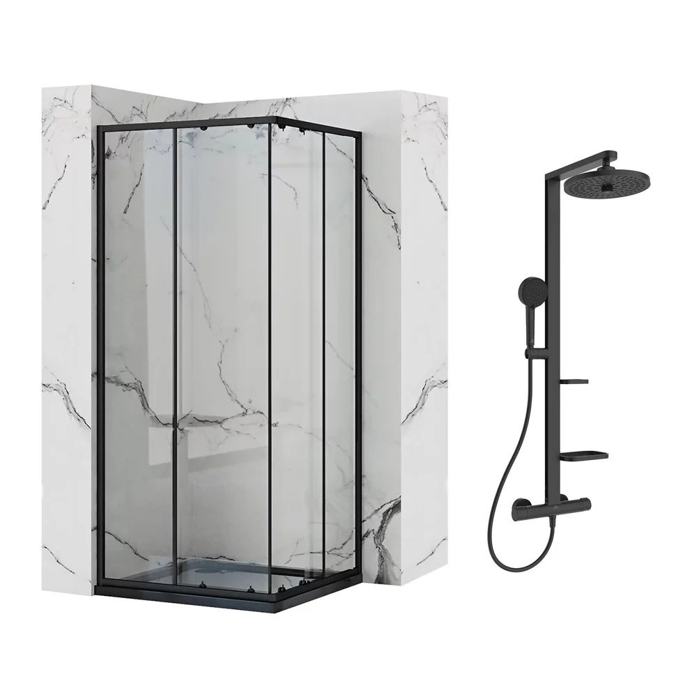 Pachet cabina de dus Rea Punto negru 90x90 cm si coloana de dus Ideal Standard Alu+ negru