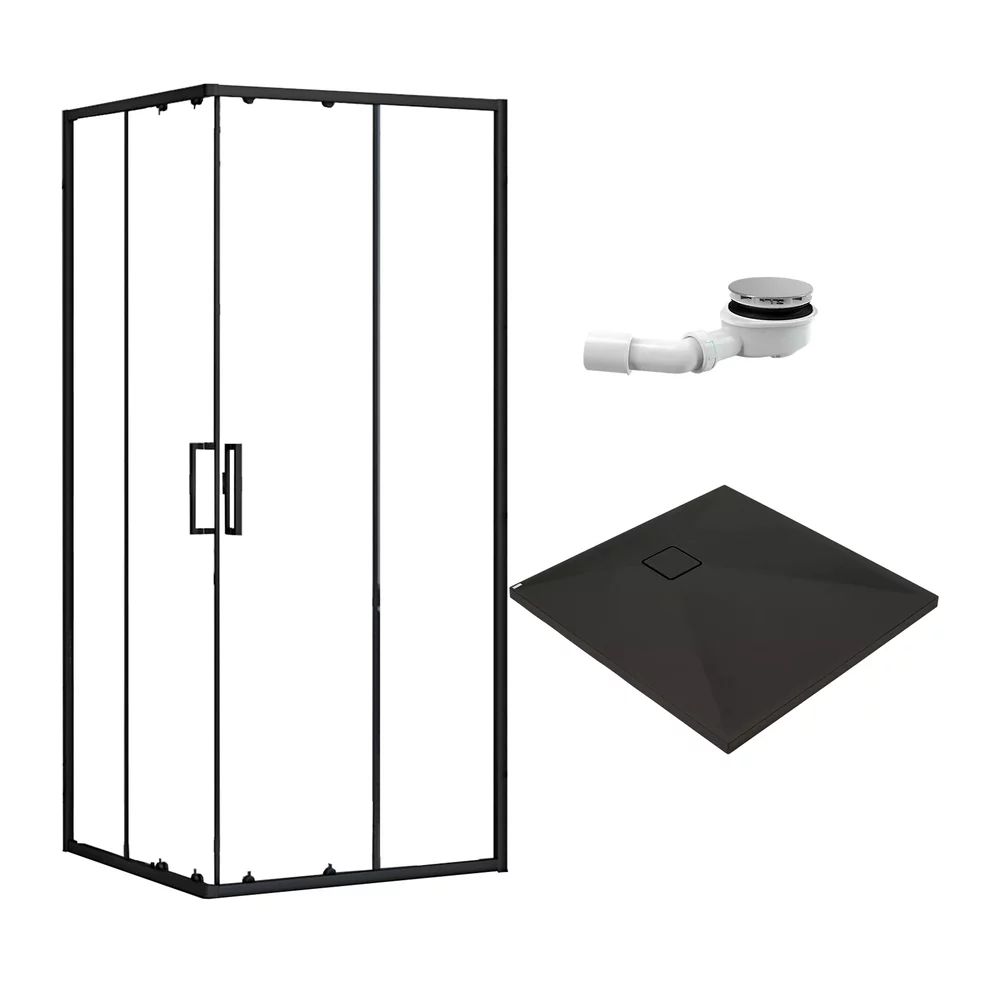 Pachet cabina de dus Rea Punto negru 90x90 cm, cadita pentru dus Deante Correo negru si sifon cadita negru