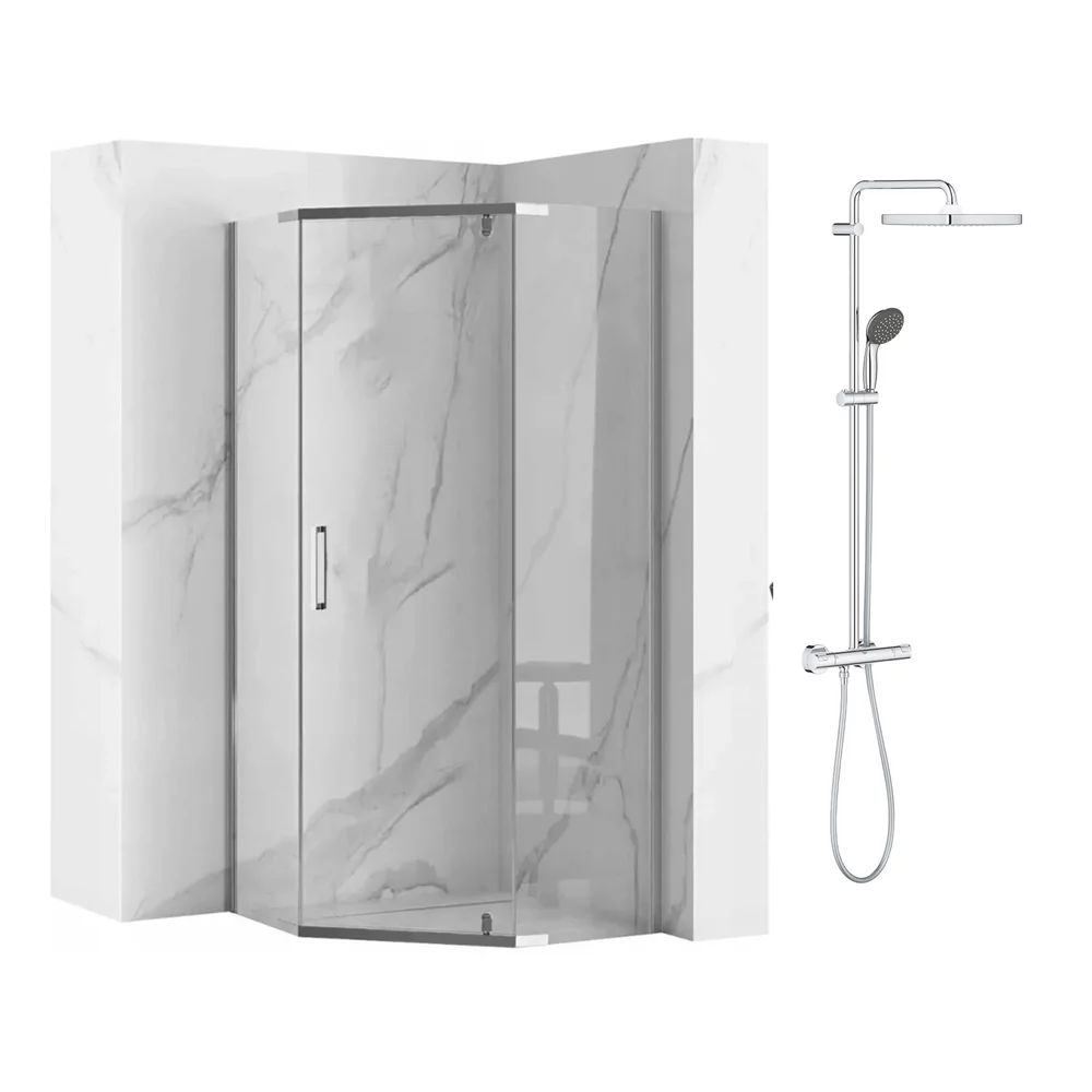 Pachet cabina de dus Rea Axin crom 90x90 si coloana de dus cu baterie termostatata Grohe Vitalio Start Cube 250 crom lucios