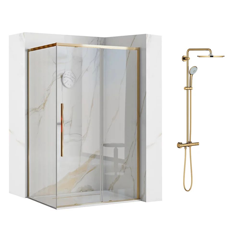 Pachet cabina de dus Rea Solar auriu 90x120 cm si coloana de dus Grohe Euphoria auriu