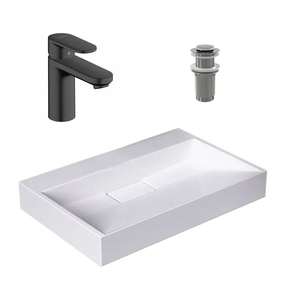 Pachet lavoar pe blat Rea Goya alb 60 cm, baterie lavoar Hansgrohe Vernis Blend 100 negru si ventil lavoar Click-Clack crom