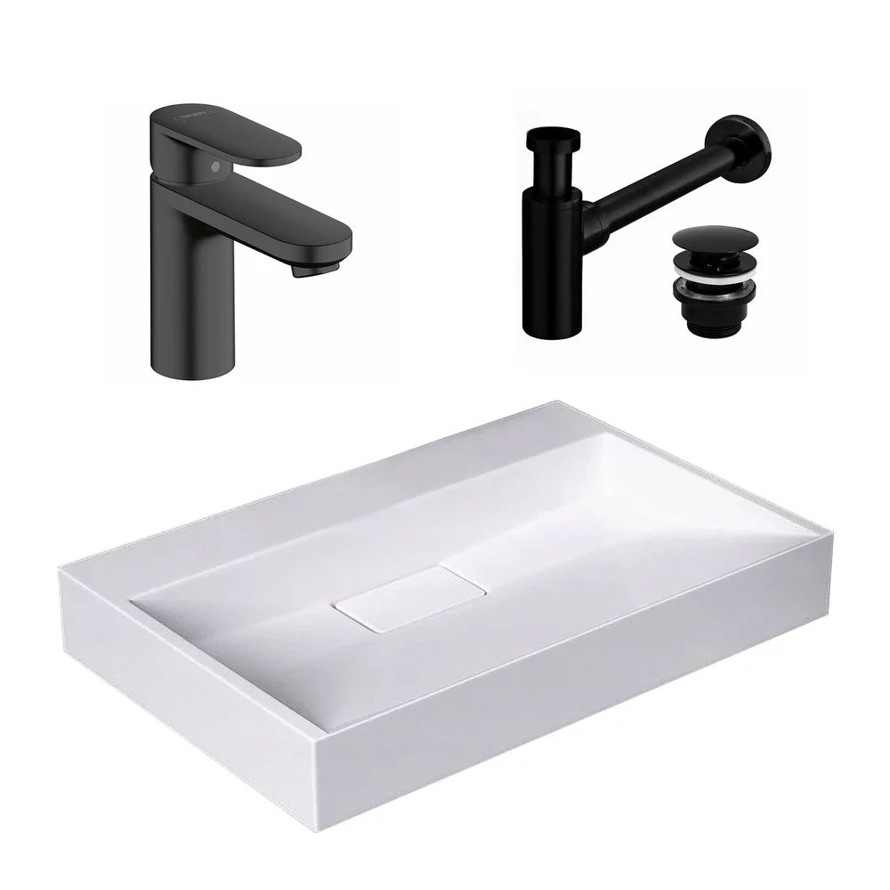 Pachet lavoar pe blat Rea Goya alb 60 cm, baterie lavoar Hansgrohe Vernis Blend 100 negru si ventil lavoar Click-Clack negru