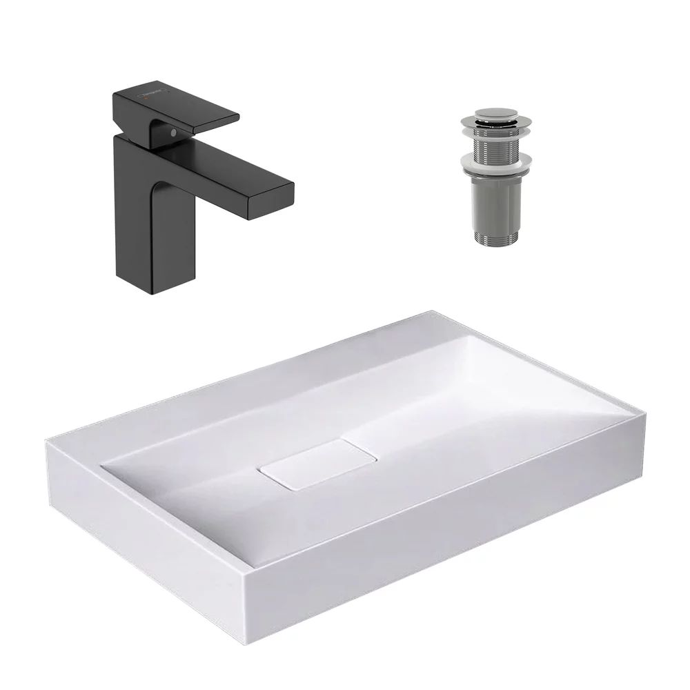 Pachet lavoar pe blat Rea Goya alb 60 cm, baterie lavoar Hansgrohe Vernis Shape negru si ventil lavoar Click-Clack crom