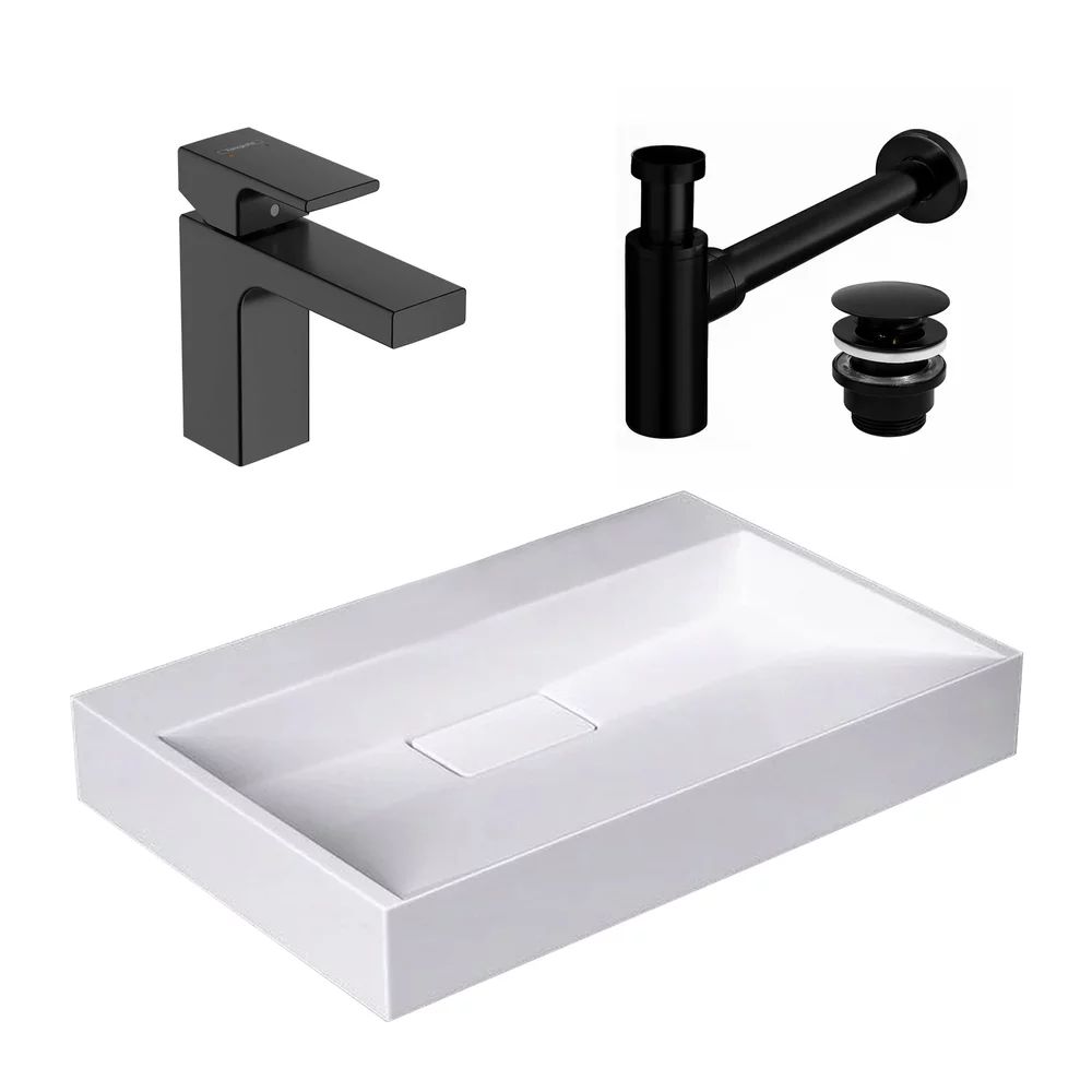 Pachet lavoar pe blat Rea Goya alb 60 cm, baterie lavoar Hansgrohe Vernis Shape 100 negru si ventil lavoar Click-Clack negru