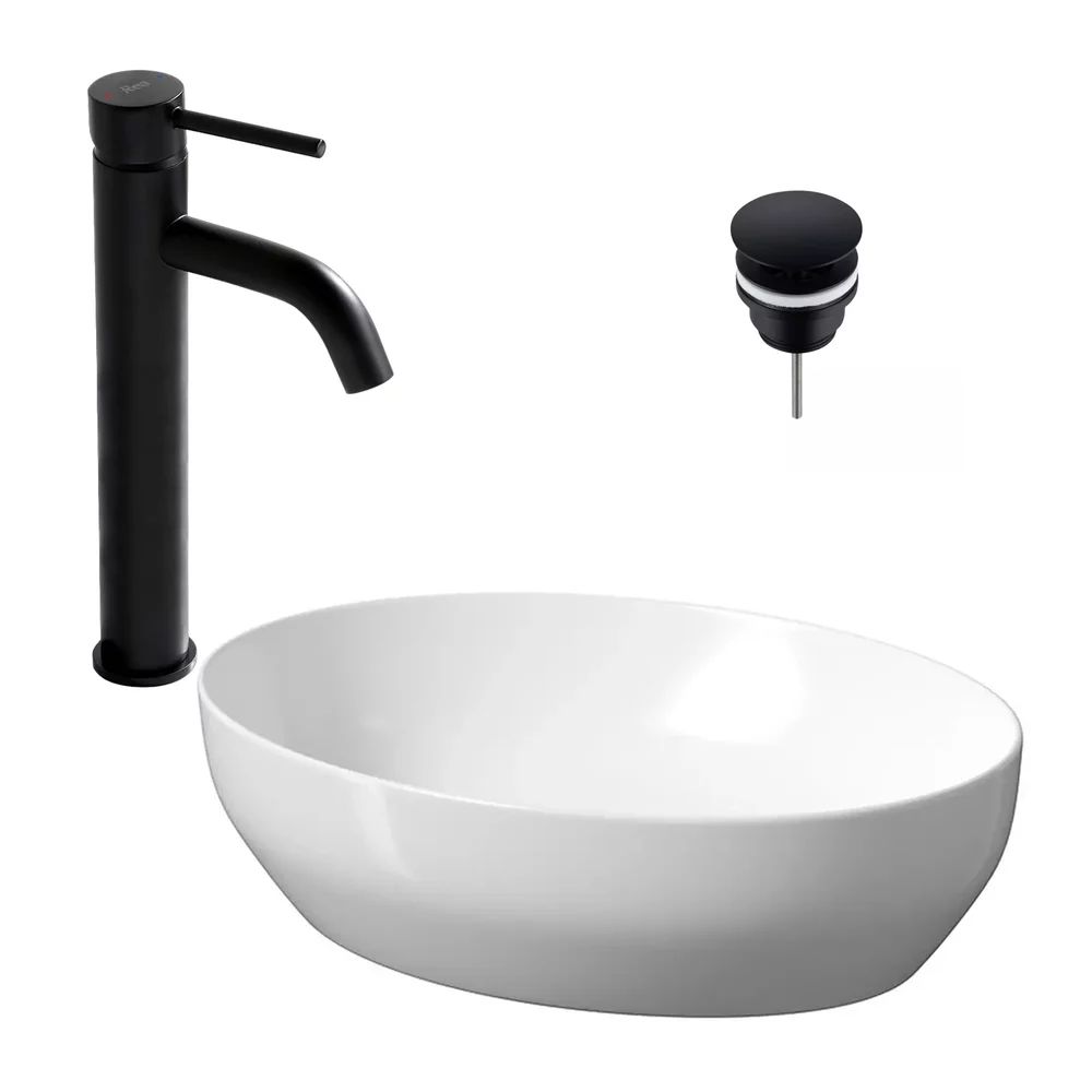 Pachet lavoar pe blat Cersanit Larga alb 50 cm, baterie lavoar Rea Lungo negru si ventil lavoar Click-Clack D negru