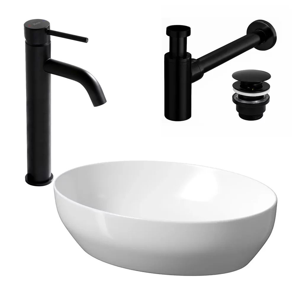 Pachet lavoar pe blat Cersanit Larga alb 50 cm, baterie lavoar Rea Lungo negru si ventil lavoar Click-Clack negru