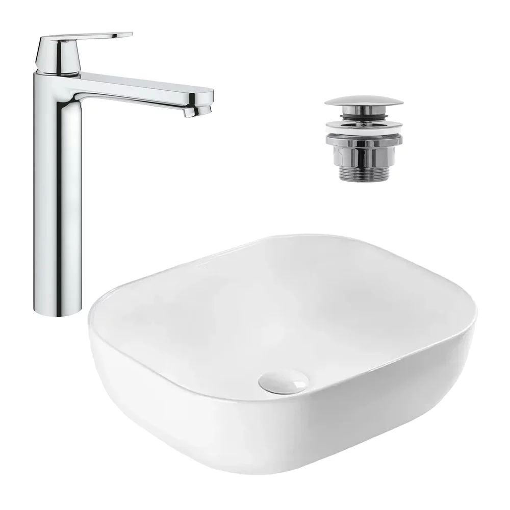 Pachet lavoar pe blat Rea Belinda Slim alb 46.5 cm, baterie lavoar Grohe Eurosmart Cosmopolitan XL crom si ventil lavoar Click-Clack crom