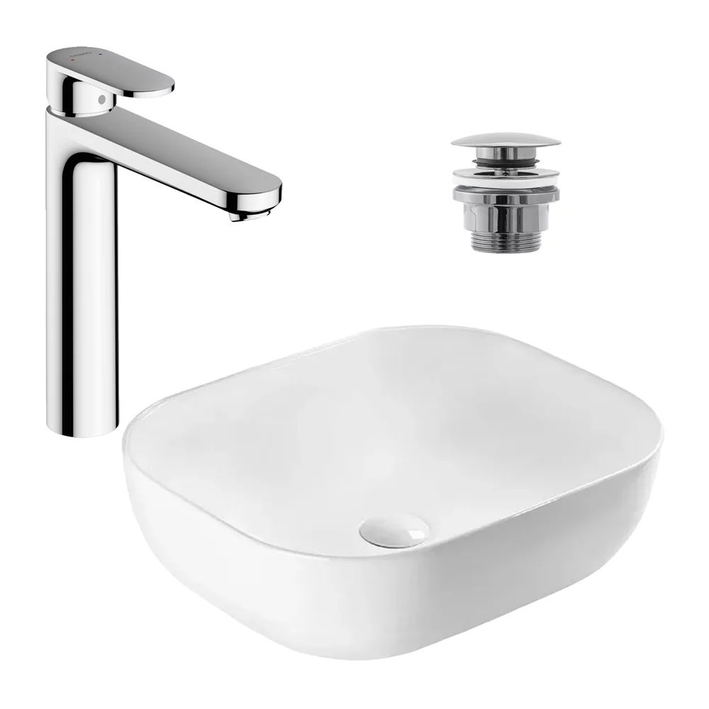 Pachet lavoar pe blat Rea Belinda Slim alb 46.5 cm, baterie lavoar Hansgrohe Vernis Blend crom si ventil lavoar Click-Clack crom