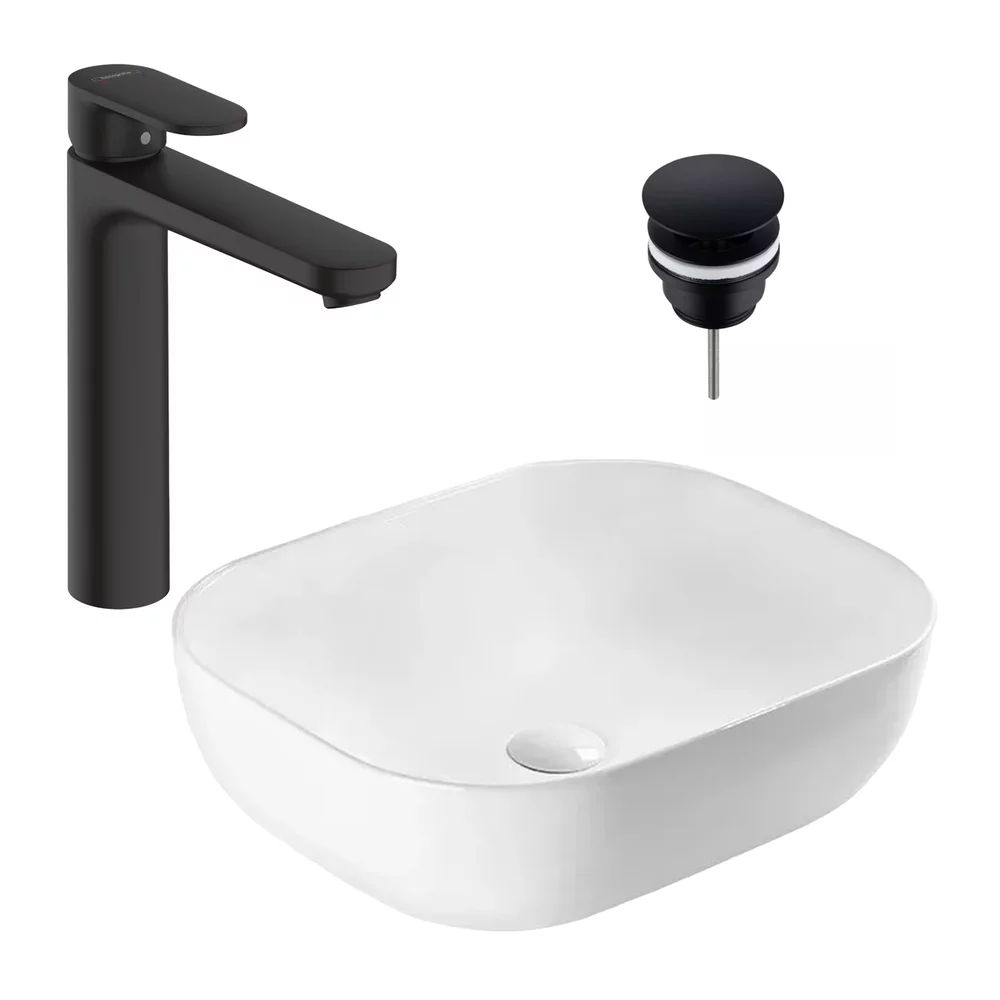 Pachet lavoar Rea Belinda alb si baterie lavoar Hansgrohe Vernis Blend negru si ventil lavoar Click-Clack D negru
