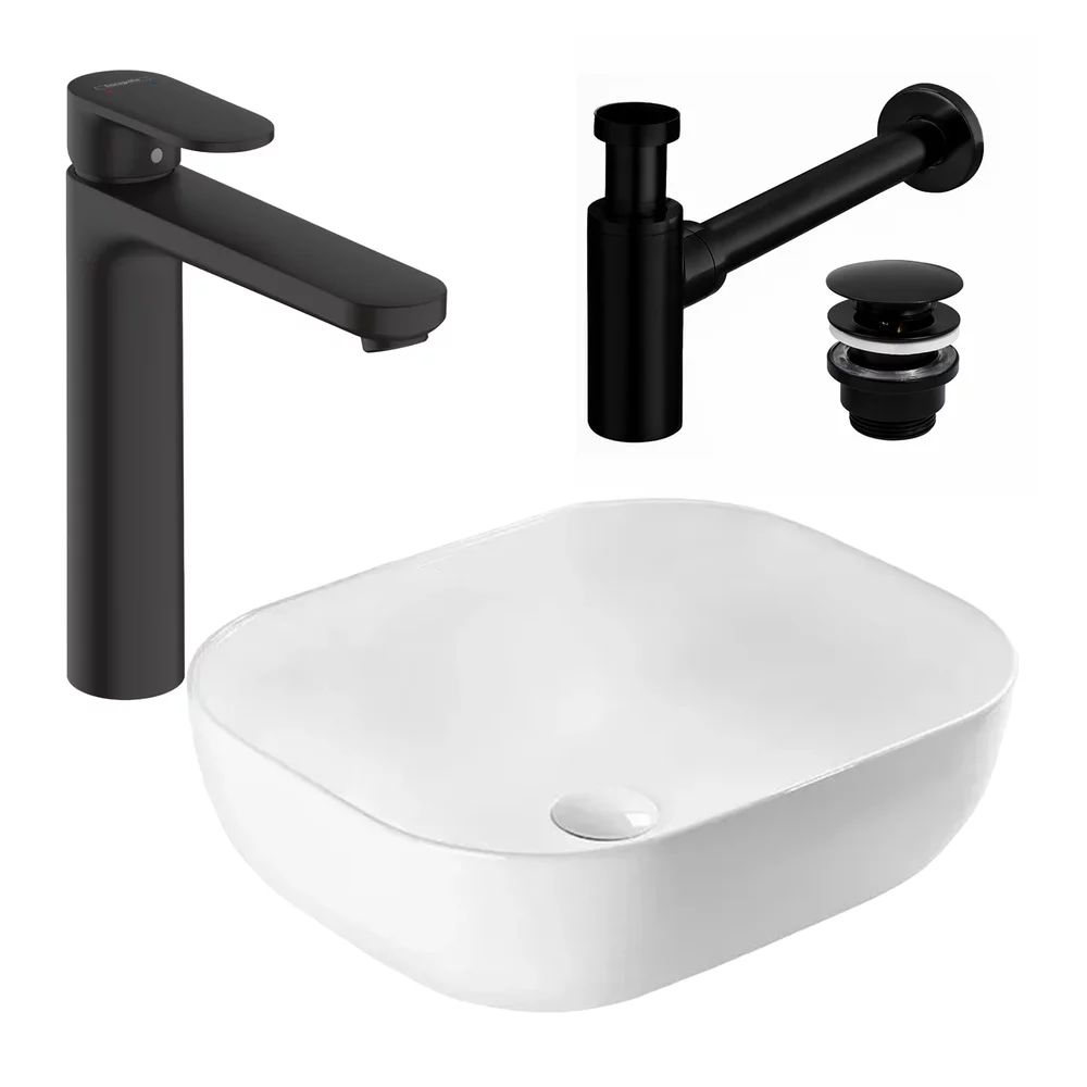 Pachet lavoar pe blat Rea Belinda alb 46.5 cm, baterie lavoar Hansgrohe Vernis Blend negru si ventil lavoar Click-Clack negru
