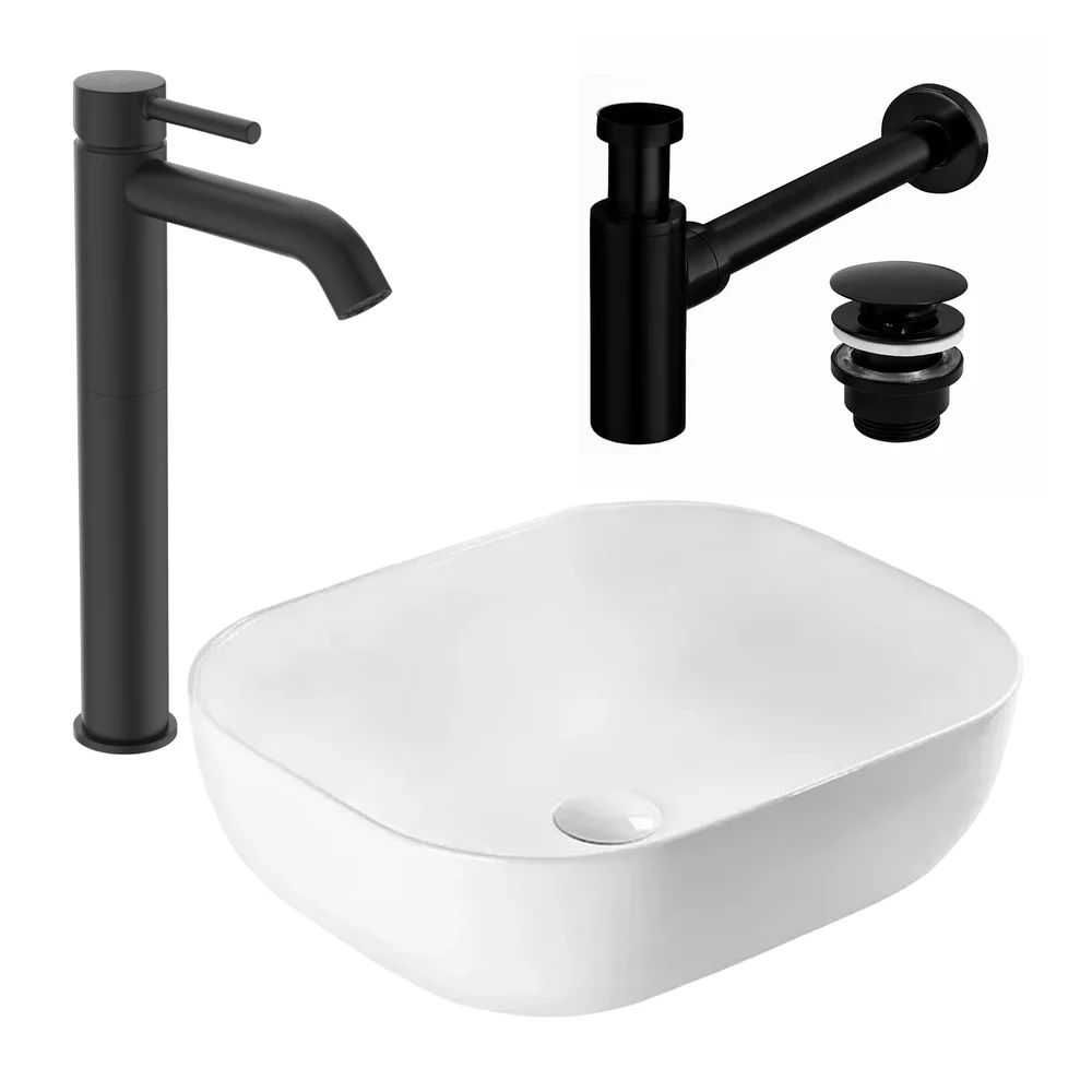 Pachet lavoar Rea Belinda alb si baterie lavoar Ideal Standard Ceraline negru si ventil lavoar universal negru