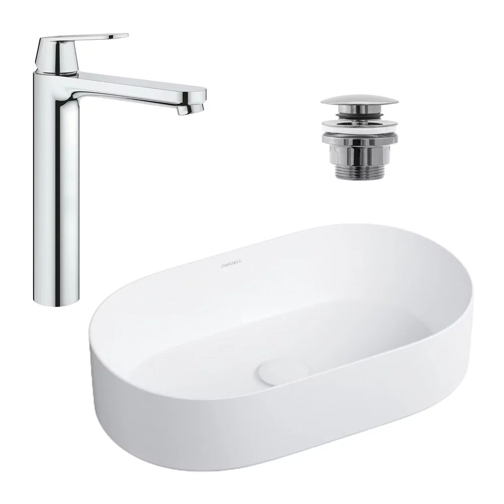 Pachet lavoar pe blat Omnires Mesa alb 53.5 cm, baterie lavoar Grohe Eurosmart Cosmopolitan XL crom si ventil lavoar Click-Clack crom